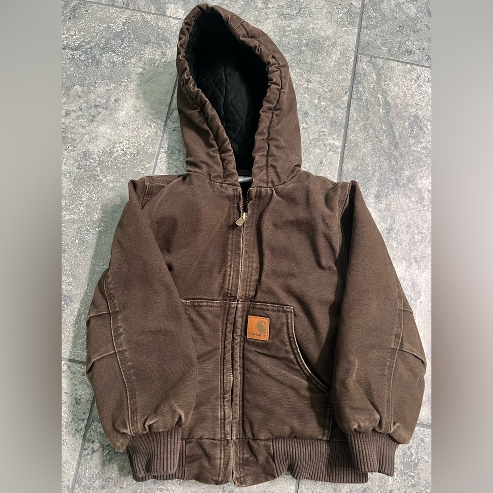 Carhartt Boys' Zip Front Canvas Insulated Hooded Jacket, Brown Size 5 (XS), Used